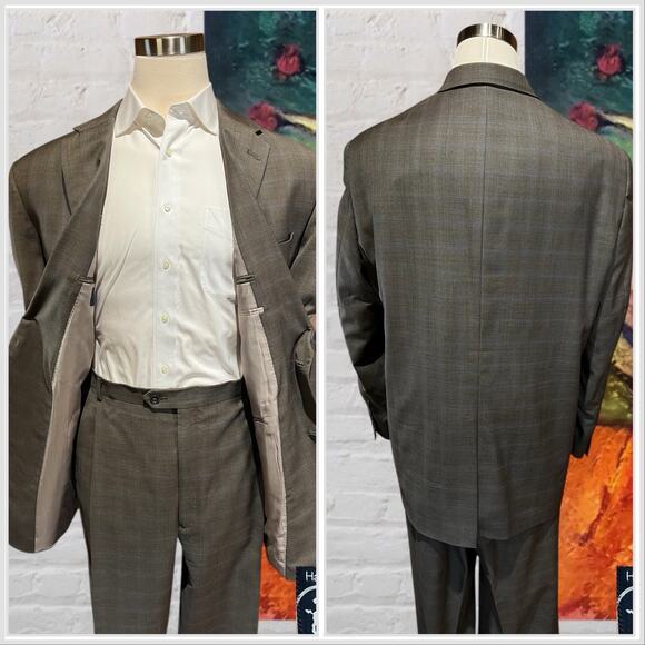 Hart Schaffner Marx Mens 52L 44x34 Taupe Gray Ice Blue Plaid Suit U.S.A. - Picture 7 of 16